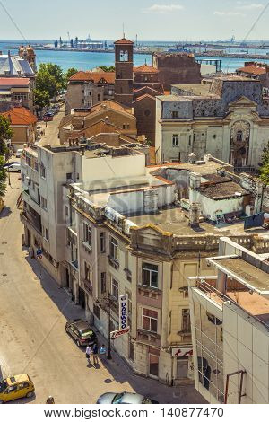 Constanta Romania - July 18 2016: Constanta aerial view to old town. Constanta is the oldest continuously inhabited city in Romania and is the biggest port at the Black Sea.