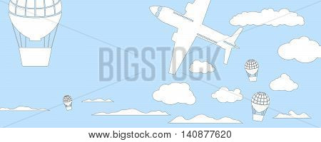 Air balloons and aircraft horizontal vector illustration for banner. Blue and white pastel colors background with flying transport. Travel float of air ship and plane. Blue sky and white fluffy clouds