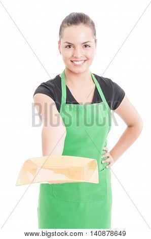 Beautiful Smiling Employee Offering Empty Plate