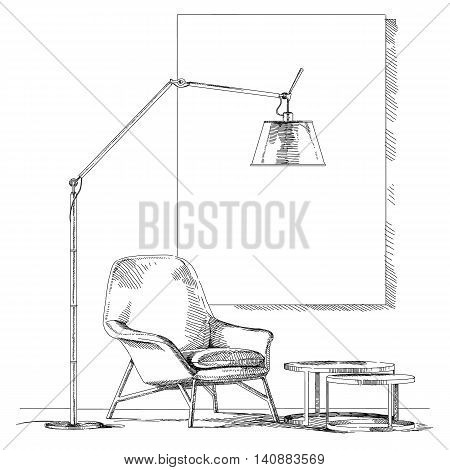 Contemporary modern interior hand drawing vector illustration.
