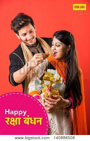 season's greeting card showing Indian young male and his sister celebrating Rakhi festival or raksha bandhanor Rakshabandhan  in traditional attire