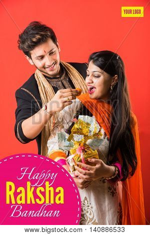 season's greeting card showing Indian young male and his sister celebrating Rakhi festival or raksha bandhanor Rakshabandhan  in traditional attire