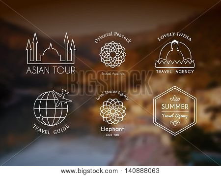 Asian travel logo templates set. Vector ethnic ornamental design for travel agencies, tourist offices, local guides, booking and rental services.