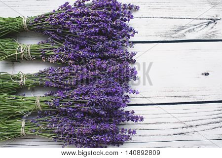 Lavender over white wood background. With copy-space