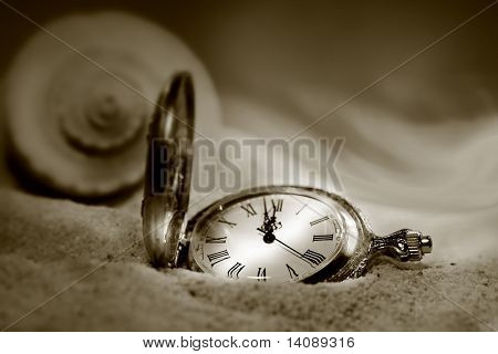 Watch tabt i sandet med muslingeskal bag / Sepia tone