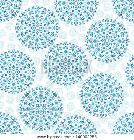Seamless geometric blue pattern of the composite pattern with traditional elements of the Chuvash culture on a white background. Vector illustration