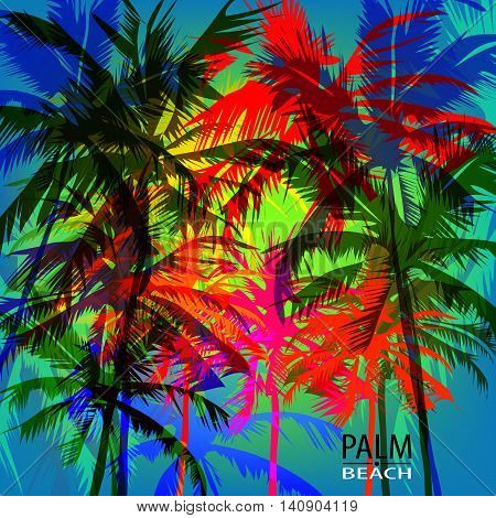 Tropical sunset on palm beach can be used for a poster or printing on fabric