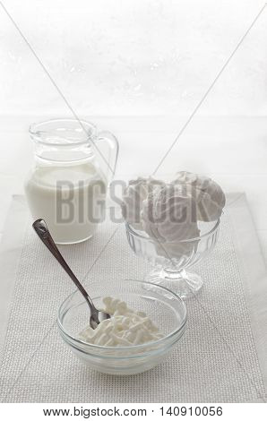 Breakfast Milk yogurt biscuits cheese on a light background