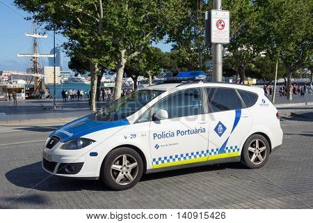 BARCELONA SPAIN, MAY 21, 2016 - Policia Portuaria (Port Police) car parked at the end of La Rambla near the Port of Barcelona.