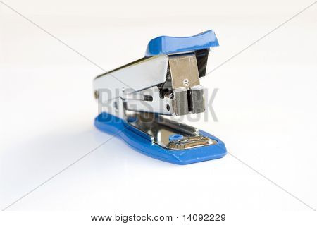 Blue stapler on white background