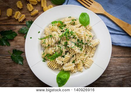 italian pasta radiatori with gorgonzola cheese and parsley on plate
