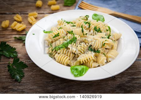 italian pasta radiatori with gorgonzola cheese and parsley on plate