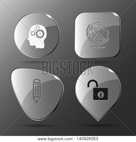 4 images: human brain, globe and arrow, pencil, opened lock. Business set. Glass buttons. Vector illustration icon.