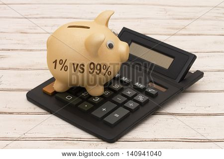 Rich versus the poor A golden piggy bank and calculator on a wood background with text 1% vs 99%