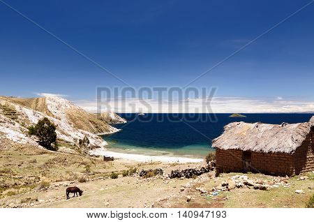 South America Bolivia - Isla del Sol on the Titicaca lake the largest highaltitude lake in the world (3808m) This island's legendary Inca creation site and the birthplace of the sun. Landscape of the Titicaca lake