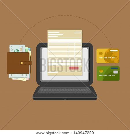 Concept of pay bill tax online account via computer or laptop. Online payment. Laptop with check invoice on the screen. Cash or bank card transfer. Purse with money and credit bank cards. Vector