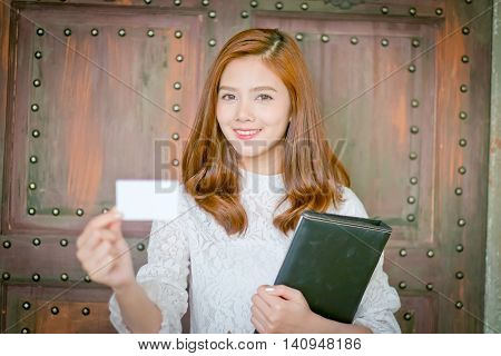 Beautiful Businesswoman With Smile,showing Blank Name Card
