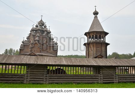 The complex Manor Bogoslovka in the style of Russian wooden architecture in the Nevsky Forest Park near St. Petersburg Russia.