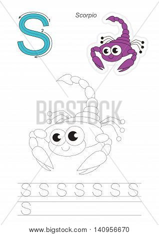 Vector illustrated worksheet. Learn handwriting. Gaming and education. Page to be traced. Easy educational kid game. Simple level. Complete eng alphabet. Tracing worksheet for letter S.