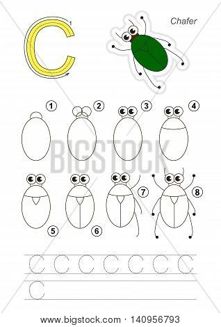 Complete vector illustrated alphabet with kid games. Learn handwriting. Easy educational kid game. Simple level of difficulty. Gaming and education. Drawing tutorial for letter C. The Bronze Bug.