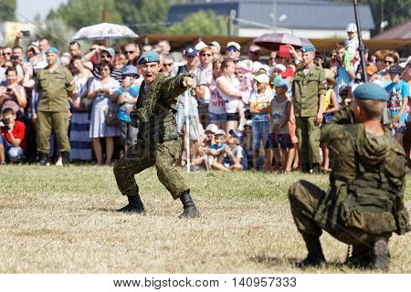 Ulyanovsk Russia - July 31 2016: Demonstrations of soldiers during the celebration of the Airborne Forces. The Russian Airborne Troops or VDV is a military branch of the Armed Forces of the Russian Federation.
