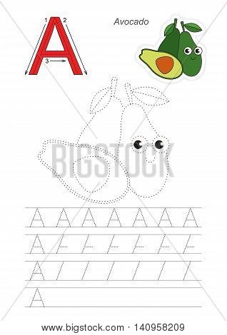 Vector illustrated worksheet. Learn handwriting. Gaming and education. Page to be traced. Easy educational kid game. Simple level. Complete eng alphabet. Tracing worksheet for letter A. Ripe Avocado.
