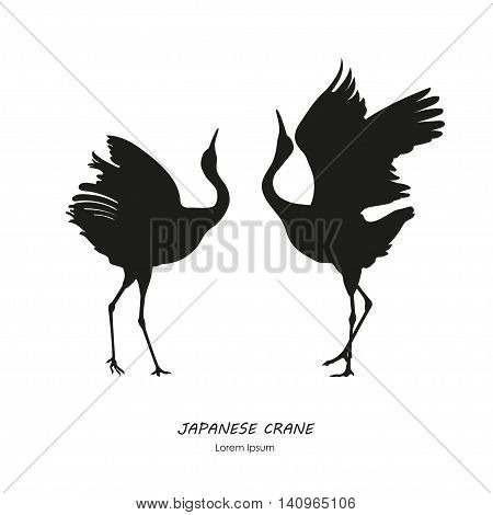 Silhouette of the two dancing Japanese crane on a white background. Vector illustration