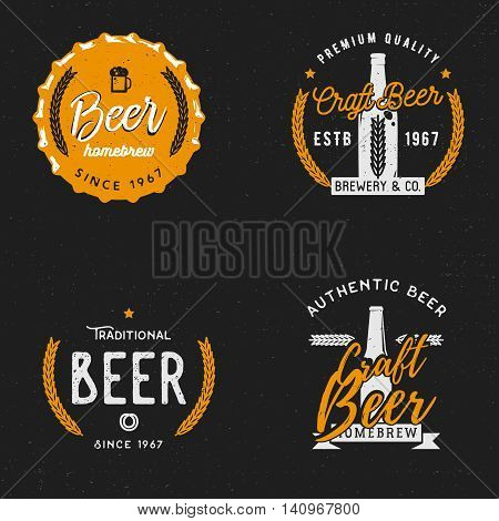 Beer themed badge in vintage style on dark background, beer related labels, logos, emblems, symbols, logo templates