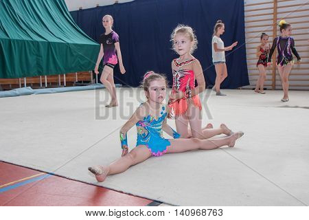 Warsaw Poland - June 25 2016: A group of small girls practicing before the competition