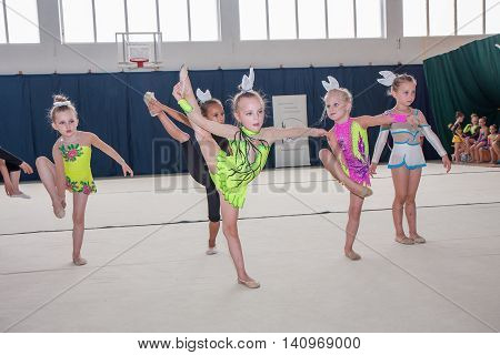 Warsaw Poland - June 25 2016: A group of small girls practicing before the competition