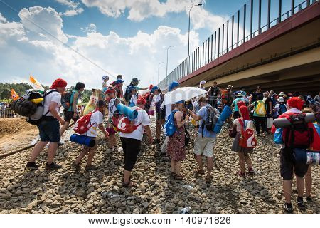 KRAKOW POLAND - JUL 31 2016: Unidentified participants of World Youth Day and International Catholic youth Convention July 25-31. This year festival was visited by Pope Francis.
