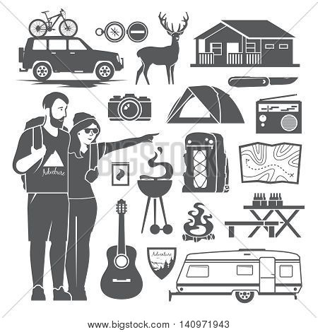 Vector black and white icons on the theme of Climbing, Trekking, Hiking, Walking. Sports, Camping, outdoor recreation, adventures in nature, vacation. Camping icons set.
