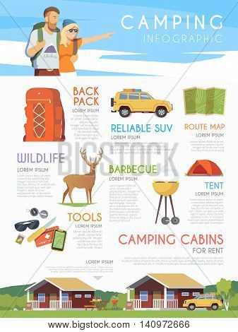 Vector web infographic on the theme of Climbing, Trekking, Hiking, Walking. Sports, Camping, outdoor recreation, adventures in nature, vacation. Camping brochure