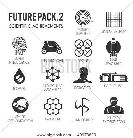 Future vector icons set. The technology of the future. Electric, drone, space, biofuel, the exoskeleton, graphene, space colonization, molecular assembler, wind energy solar robotics ecohouse