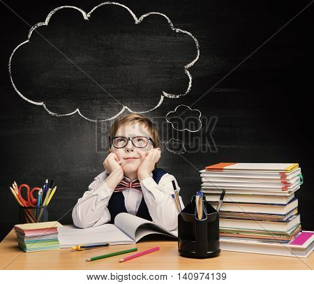 Kids Education Child Boy Study in School Thinking or Dreaming over Bubble on Chalkboard