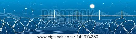 Many radars in mountains landscape. Big bridge on horizon, windmills, wind force, energy and communication technology illustration, vector design art