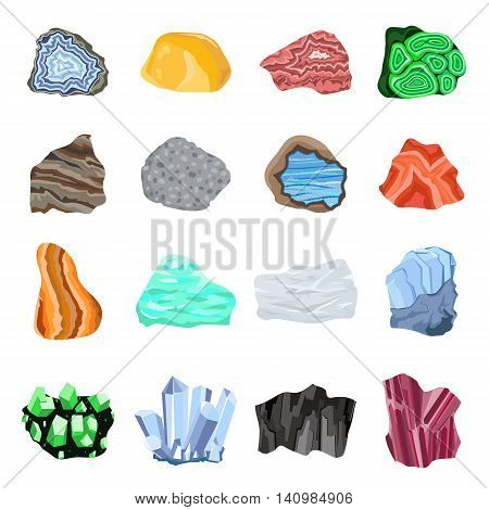 Collection set of semi precious gemstones stones and mineral stone isolated on white background. Colorful shiny gemstone. Mineral stone jewelry material agate mineral stone geology nature crystal.