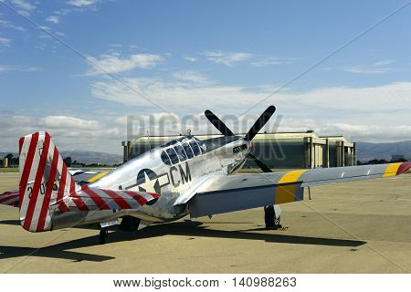 MOUNTAIN VIEW, CALIFORNIA - MAY 26, 2016: A rare P-51C Mustang owned by the Collings Foundation was on display at Moffett Field in California during the yearly Wings Of Freedom Tour. This is 1 of only 5 built during WWII