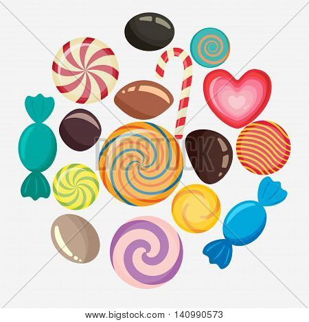 Sweet candy, caramel lollipop set, colored candies collection without wrapper, sugar sweet-stuff vector food, design element for christmas