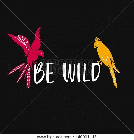 Be wild text with hand drawn parrots. Pink and yellow bird sitting on the text at black background