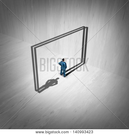 Go in circles and business stagnation concept as a businessman with a cast shadow that reverses course direction and returns to original position with 3D illustration elements.