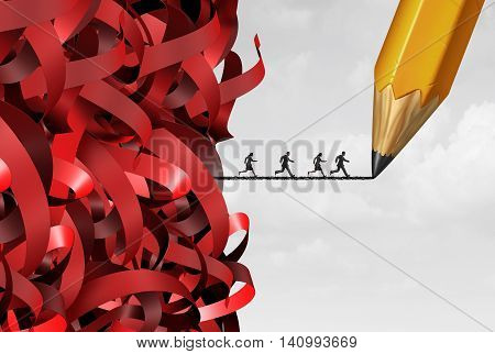 Bureaucracy and administration management success with a group of tangled red tape and people running away on a pencil drawing line as a bureaucratic solution symbol with 3D illustration elements.