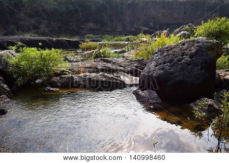 Da Nhim river near pongour vietnam in dry season with rock on the bottom of the stream