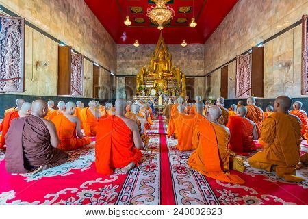 Kanchanaburi, Thailand - September 16, 2016: Buddhist Monks Celebrate The Month Of Merit Festival By