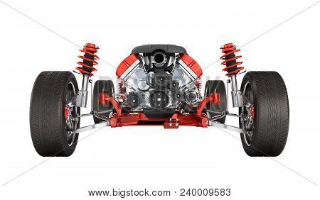 Undercarriage In Detail Suspension Of The Car With Wheel And Engine Isolated On White Background 3d 