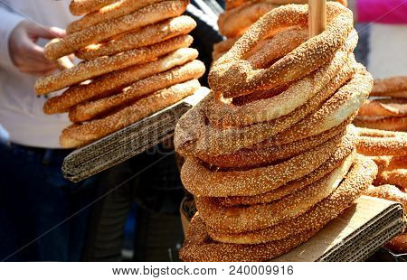 Greek Sesame Bread Rings (greek Name Is Koulouri Thessalonikis).
Street Food Menu In Greece.