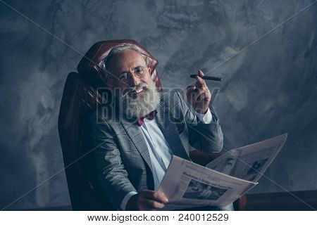 Attractive, Handsome, Rich, Old, Smiling Investor In Spectacules, Suit, Hold Newspaper, Cigarette, S
