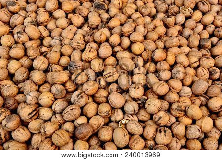 A Lot Of Walnuts (juglans Regia) Or German Name Is Walnüsse In The Market.