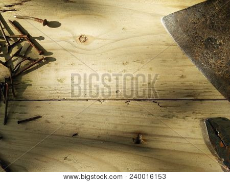 Joiner's Tools Set. Real Work Background. Pliers, Old Rusty Nails And Axe