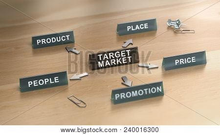 3d Illustration Of Marketing Mix 5p Model Over Wooden Background. Target Market Concept